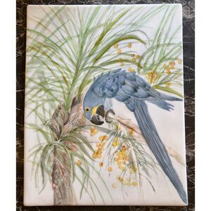 Hand Painted Porcelain Tile Hyacinth Macaw & Yellow Dates on Palm Tree Blue Grn